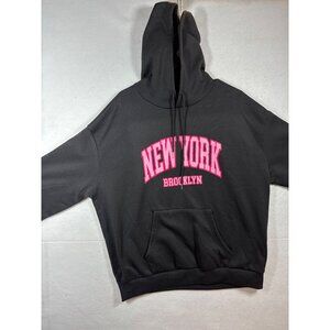 New York Brooklyn Black Hoodie With Kangaroo Pocket & Pink Letters 1xl